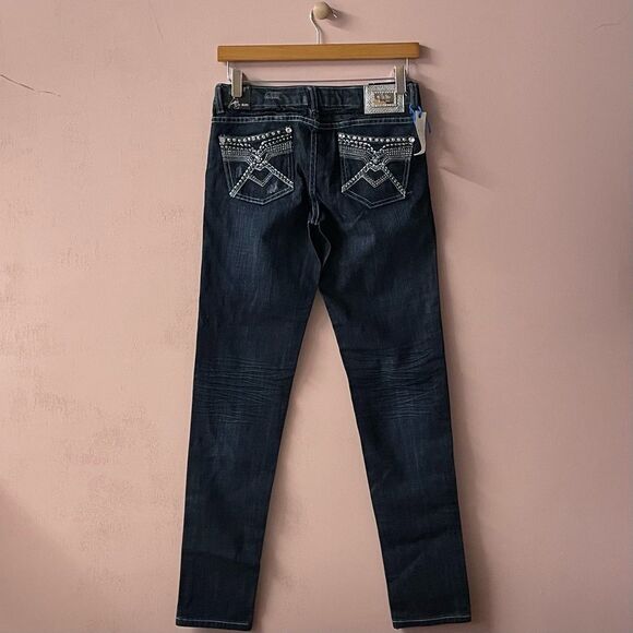 Vintage Cielo Y2K Dark Wash Blue Bejeweled Pocket Low Rise Skinny Jeans Sz 5 NWT - Picture 2 of 12